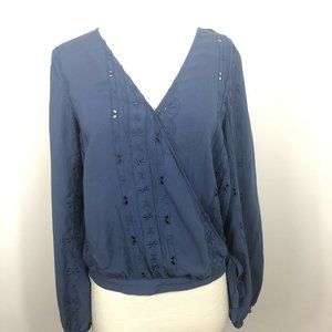 Women shirt Large Blue Wrap Embroidered Aeropostale Long Sleeve Top Blouse